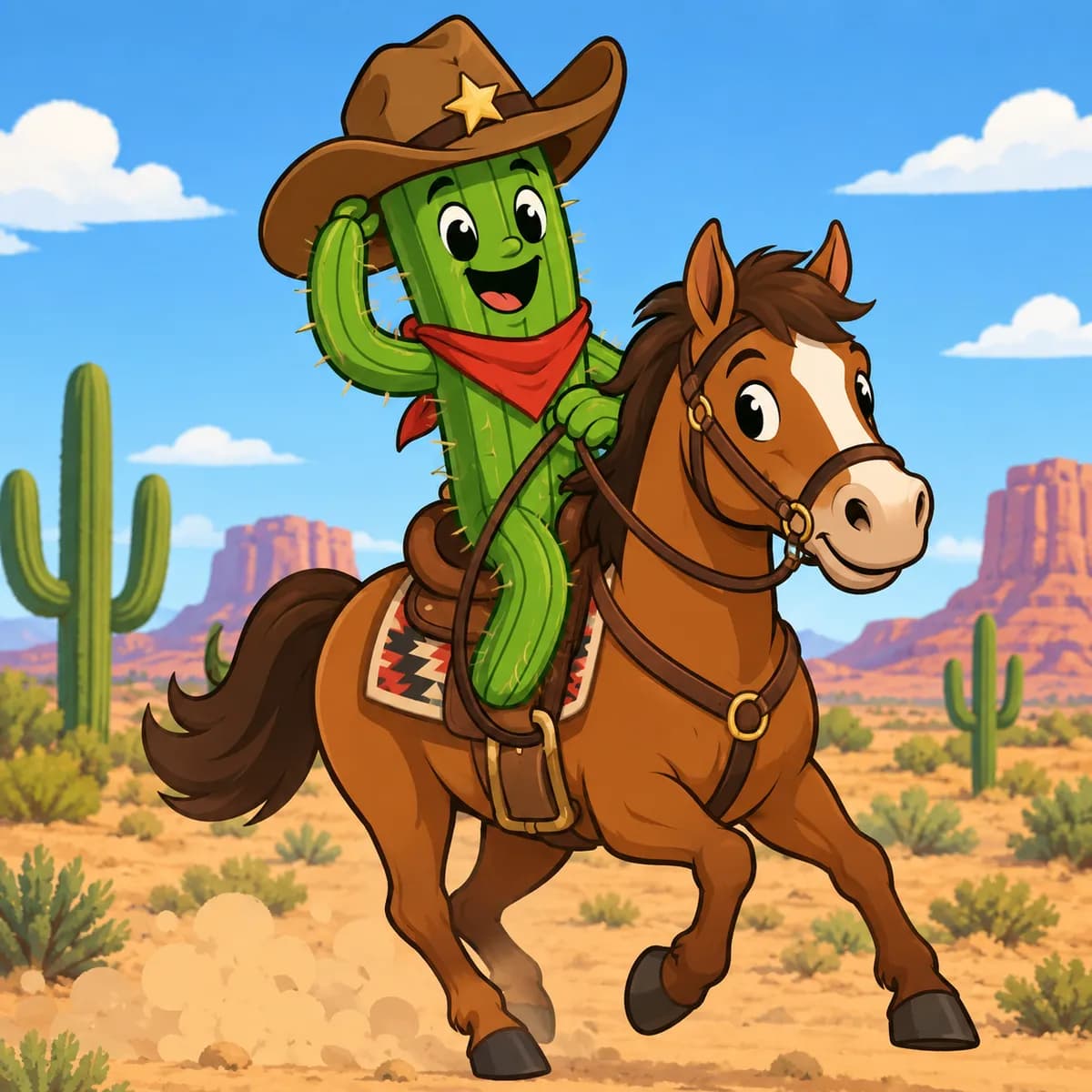 Cartoon of the Tech2Door mascot, a smiling saguaro in a cowboy hat and red bandana, riding a horse across the desert.